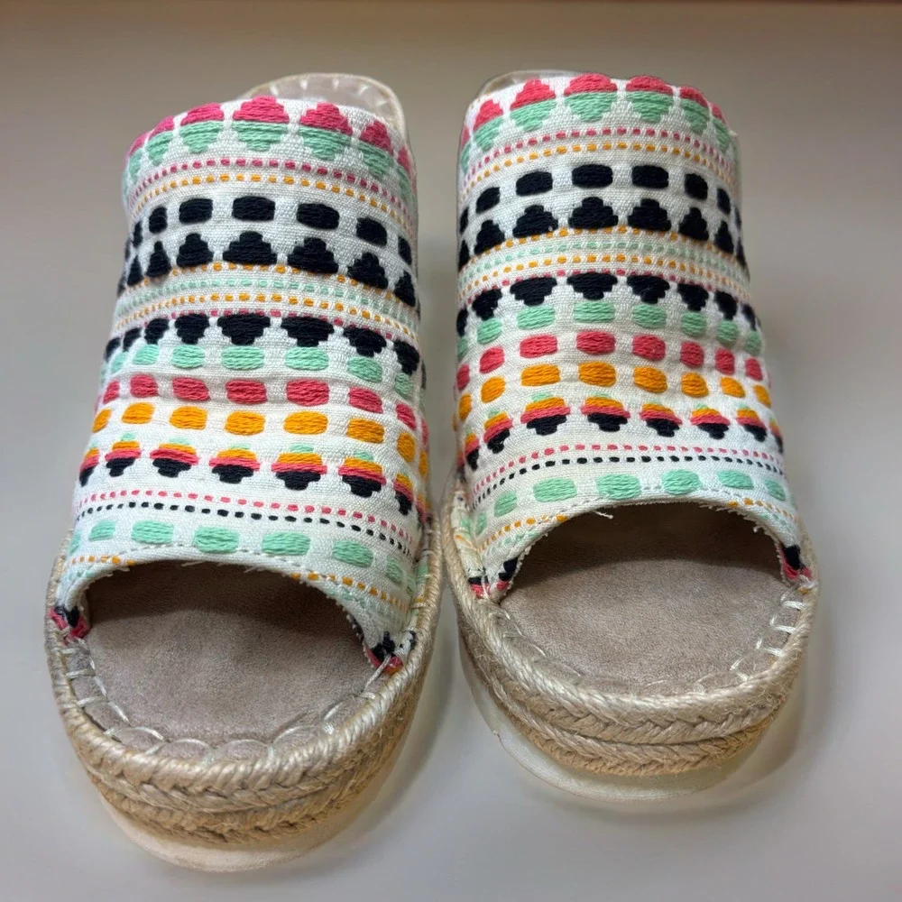 TOMS Monica Wedge Sandals Women 6.5 Multi Color Embroidered Espadrille